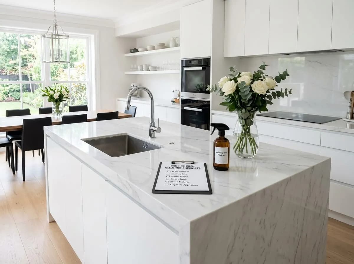 Pristine kitchen island with custom cleaning checklist